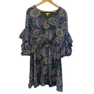 Cato green and pink paisley dress with ruffle sleeves size XL